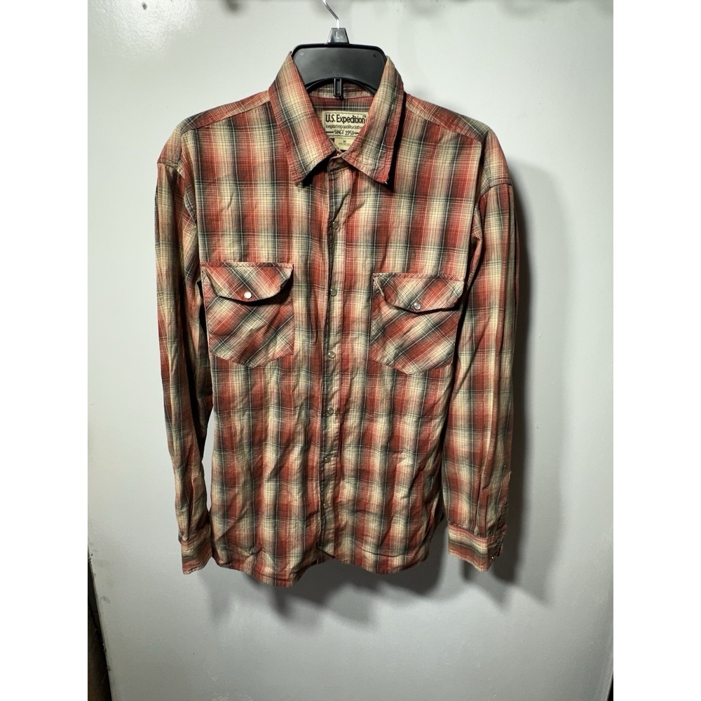 US Expedition Pearl Snap Shirt Men's Medium Plaid Long Sleeve Western